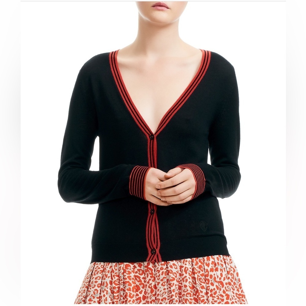 Nwot Maje 100% Wool Black V-Neck Cardigan With Red Stripes Trim Size 1 ( Us S)